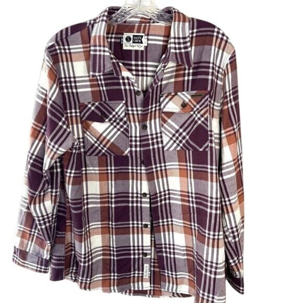 Salty Crew Womens Plaid Button-Up Flannel Shirt Purple & Orange Size L